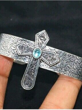 New Blue Topaz 925 Silver Cross Cuff Bracelet.